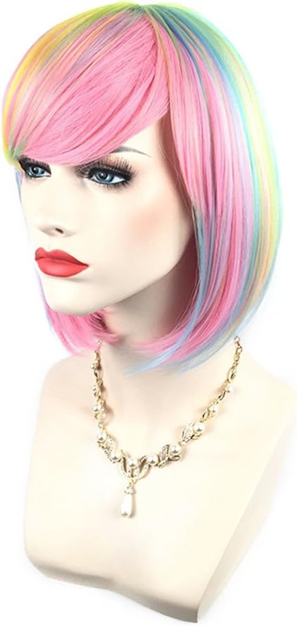 ShowPower Short Straight Wig Sexy Lady Short Bob Wig Cap for Women Cosplay Party Rainbow Color 014