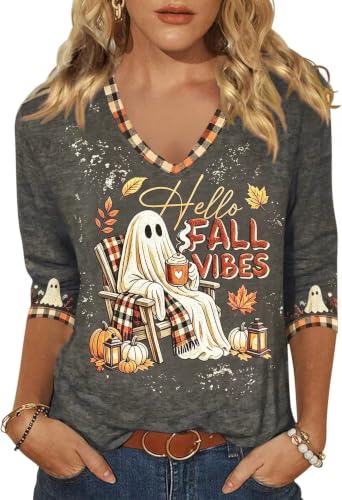 ZKDOO Women's Hello Fall Vibes Ghost Graphic 3/4 Sleeve Shirt,Khaki-3,L