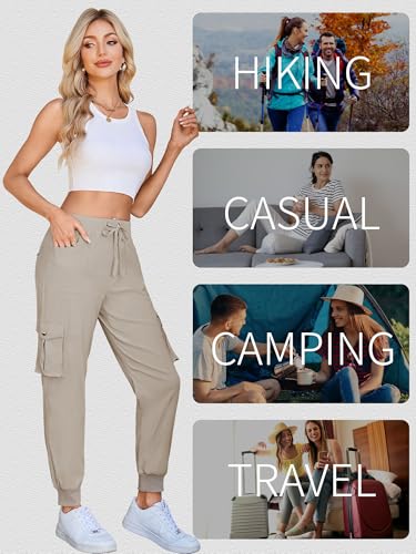 Damen Cargo Jogginghose Multifunktions Outdoor Wanderhose Lang Leichte High Waist Stretch Sport Trekkinghose Multi Taschen (B Khaki, L)