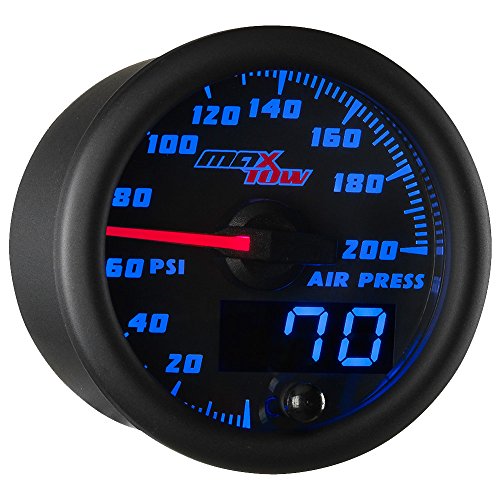 MaxTowDouble Vision 200 PSI Air Pressure Gauge Kit - Includes Electronic Sensor - Black Gauge Face - Blue LED Dial - Analog & Digital Readouts - for Air Ride Suspension Systems - 2-1/16" 52mm