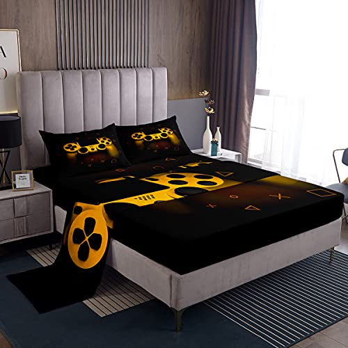 Erosebridal Games Fitted Sheet Queen Size, Kids Boys Gamer Sheet Set, Teens Video Games 4 Pieces Bedding Decor Sets, Modern Gamepad Fitted Bed Sheets Fashion Teens Gaming Room Decor, Gold Black