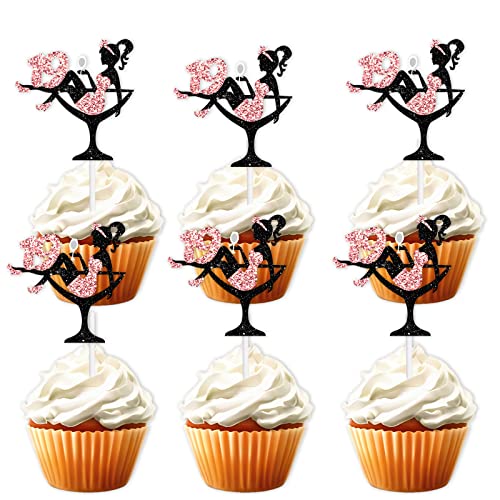 18pcs Pink Glitter 19 Silhouette High Heeled Sitting Girl Cupcake Topper Makeup Spa Theme Party Decoration Supplies Girl Lady Women 19th Happy Birthday Party Decor Supplies