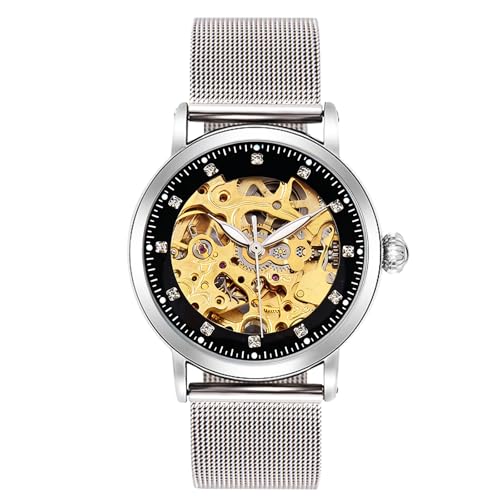 RORIOS Reloj mecánico automático Mujer Brillante Reloj Esqueleto Dial Acero Inoxidable Dial Señoras Relojes, Negro A, Vintage