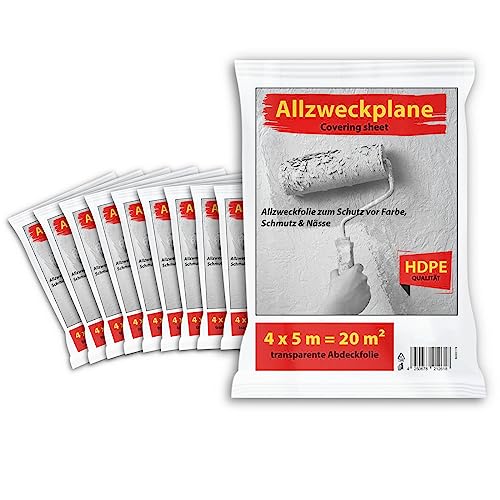 10 Stück Hypafol Abdeckfolie transparent I Malerfolie 4x5m aus hochwertigem HDPE zum Schutz vor Farbe, Schmutz&Nässe I robuste Baufolie extra stark für Innen & Außenbereich I Allzweck Staubschutzfolie