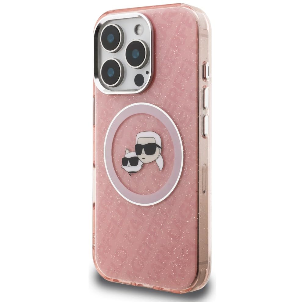 CG MOBILE Karl Lagerfeld IML Glitzer Karl & Choupette Köpfe Logo kompatibel mit MagSafe Hülle für iPhone 16 Pro Max (Rosa)