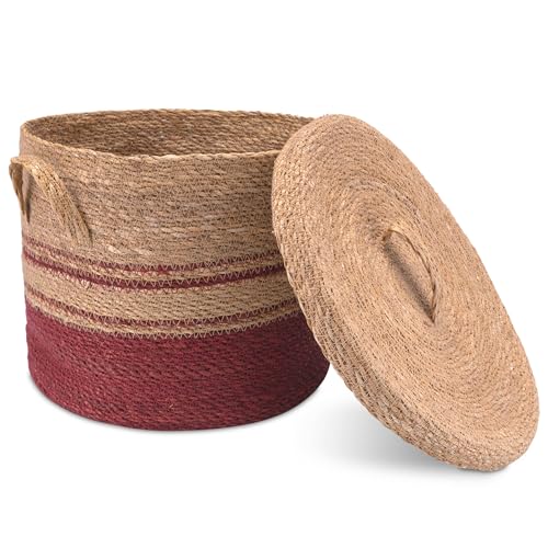 Decorasian Panier en jonc de mer avec couvercle - Panier à linge tressé - Paniers décoratifs de rangement de style bohème - L