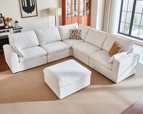 Image of 120.1'' Oversized Modular Sectional Sofa Plush Cloud Couch with Storage, Convertible Deep L-Shaped Sofa Set for Living Room, 6-Seater with Corner and Ottoman, Chenille, White