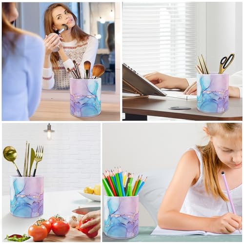 Image of Large Capacity Colored Pen Holder for Desk, Leather Pencil Holder Pen Cup Marker Holder Makeup Brush Holders, Desk Accessories & Workspace Organizers for Home, Office, Pink Blue Marble