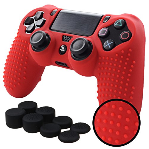 PS4 Controller Grips,Pandaren Studded Anti-Slip Silicone Cover Skin Set Compatible for PS4 /Slim/PRO Controller(Red Controller Skin x 1 + FPS PRO Thumb Grips x 8)