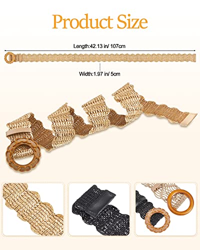 Hercicy 3 Pcs Rattan Straw Woven Belt Bohemian Waist Rope Braid Belts for Women, Trendy Boho Ladies Skinny Dress Belt Multicolor2