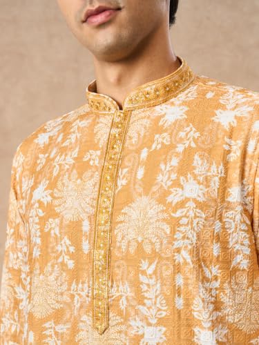 Image of Manyavar Men's Cotton Blend Floral Print Full Sleeves Long Kurta Pyjama Set (2pcs)