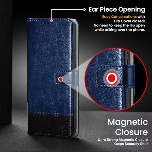 Image of Flipped Vegan Leather Flip Case Back Cover for Realme 12 Pro 5G | Realme 12 Pro Plus 5G (Flexible, Shock Proof | Hand Stitched Leather Finish | Card Pockets Wallet & Stand | Blue with Black)