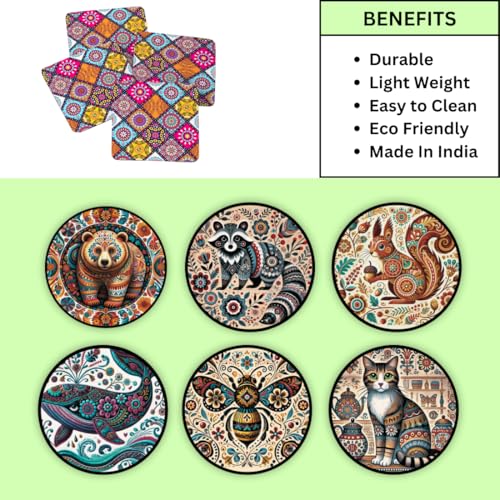 Image of Zesta Coasters for Cups Set of 6 / Wooden Coasters for Bar Accessories for Home /Tea Coaster Set of 6 / Waterproof Dining Table Decor Glass Cover (Mandala Animal, Circle)