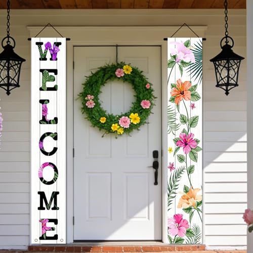 Image of Nuxovilar Front Door Porch Sign Entrance Banner Set 12x71in Polyester | Entrance Decor Hanging Poster Summer Wall Tapestry Garden Porch Outdoor Area (Tropical Welcome)