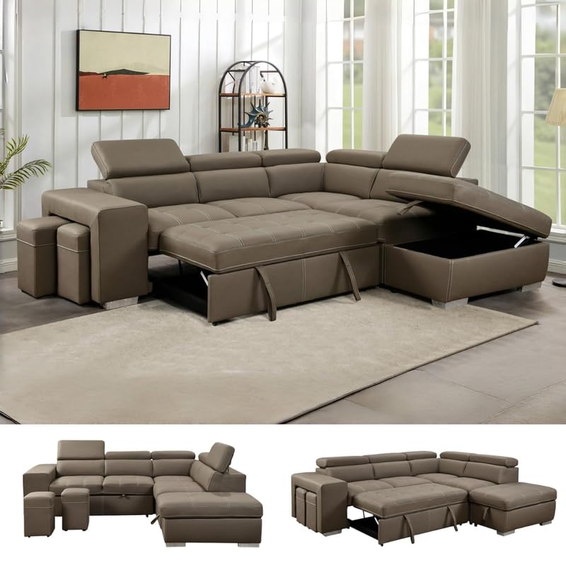 Image of Homax. - Rumi1L-Shaped Sectional Sleeper Sofa Couch in 5 piece with Pull-Out Bed, Storage Ottoman & Adjustable Headrests, Leatherette upholstered, Left-Facing Chaise, Brown