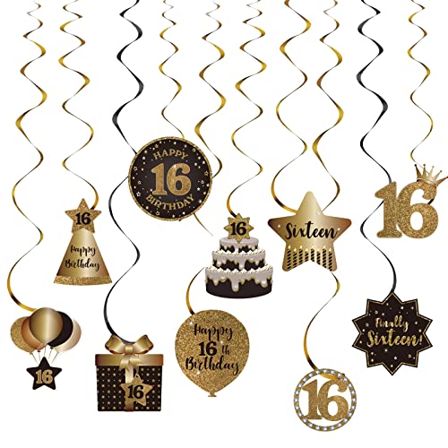 Decoraciones de techo con espirales colgantes de feliz cumpleaños 16, celebración, 16 años, suministros de decoración de fiesta de cumpleaños negro y dorado