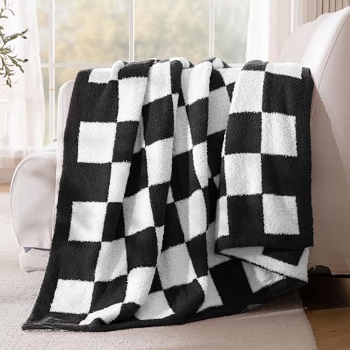 Exclusivo Mezcla Checkered Knit Throw Blanket Ultra Soft and Warm Reversible Woven Blankets Cozy Snuggly Throw for Couch Bed and Home Decor Black 50x60