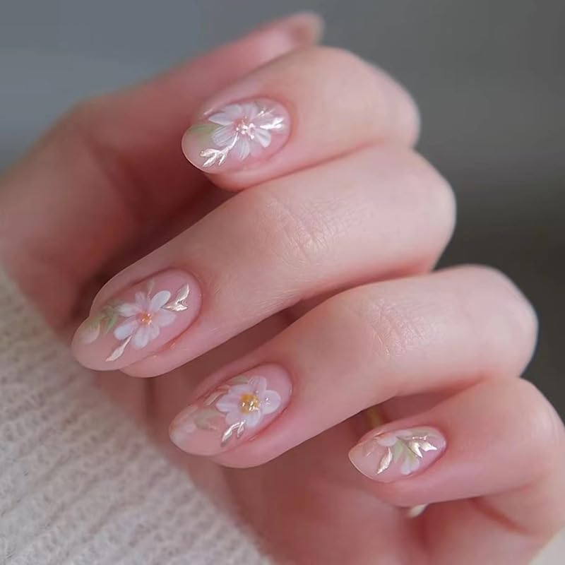 Flowers Press on Nails Short Almond Fake Nails Floral Acrylic Nails Nude Nature False Nails Daisy Flower Glue on Nails Artificial Nails for Women