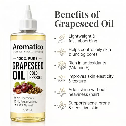 Image of AROMATICO Cold Pressed Grapeseed Oil for Skin & Hair - Lightweight Grape Seed Oil for Oily Scalp, Glowing Skin & Body Massage | 100ml
