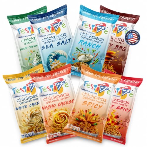 Image of Festive Chickpea Hearts - Crunchy Garbanzo Beans - Husk-Free Roasted Chickpea Snacks - Vegan Snacks with 5g Protein Per Serving - Plant Based, Halal, Gluten Free, Dairy Free - 1oz 8pc Sampler Pack