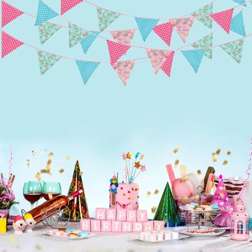 Image of Zwiebeco 32Ft Pink Blue Circle Dots Floral Fabric Bunting Triangle Flags Cotton Flowers Pennant Banner Decorations for Birthday Wedding Engagement Tea Party Spring Rustic Village Home Garden Decor