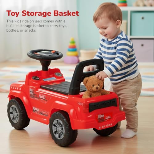 Image of Baybee Rover Baby Ride on Car for Kids | Push Ride on Toys Car with Backrest & Toy Storage Basket | Portable Rideons Jeep with LED Lights & Music | Kids Toy Car to Drive 1-3 Years (Red)