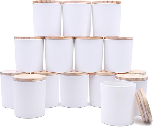 SHOWIN Tarros de vela de vidrio de 10 onzas para hacer velas, 15 unidades, tarros blancos mate con tapas de madera para tarros de especias,