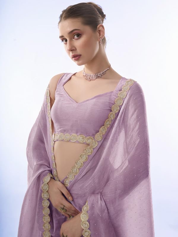 Image of ORHANS Women's Chiffon Saree with Unstitched Blouse Piece Solid Pattern and Laced Border | Lightweight Sarees for Woman | Plain Saris Daily Use | Womens Saree Modern Pattern| Stylish Saree