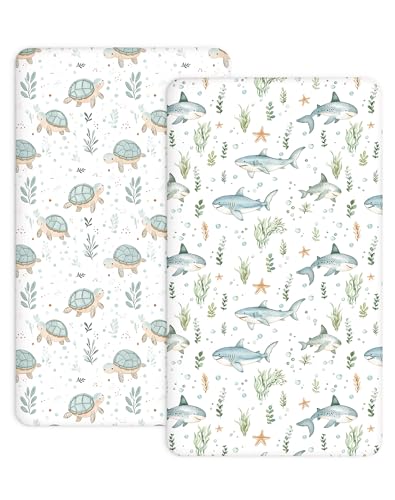 Image of Bedside Bassinet Sheets 2 Pack, 33 x 20 Fitted Bedside Sleeper Sheets, Ultra Soft Breathable Polyester, Ideal for Baby Girl or Boy and Newborns (Turtle & Shark, Bedside Sleeper Sheet)