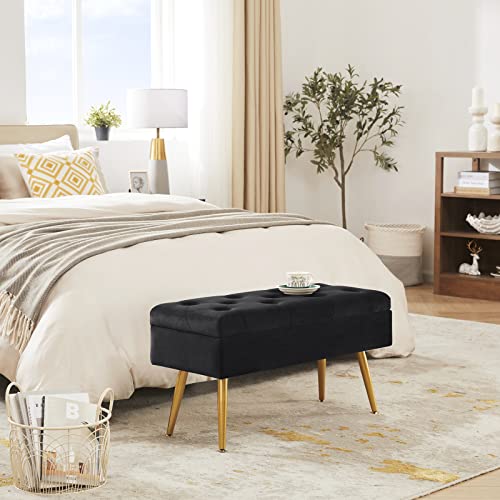 Gitrah Storage Bench Modern Entryway Bench End Of Bed Bench Ottoman Upholstered Velvet Bedroom Benches For Foot Of Bed Tufted Bench Footrest Stool With Golden Legs 32" Black #TOP1