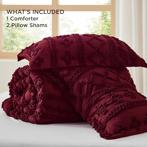 Bedsure Tufted Boho Comforter Set King Size - Dark Red Boho Bed Set, GentleSoft™ 3 Pieces Farmhouse Shabby Chic Embroidery Bedding, Gifts for Woman, Soft Jacquard King Comforter for All Seasons