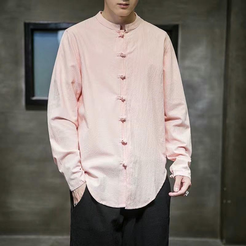 Chemise col mandarin pour homme style chinois en polyester coupe ample décontractée - 2