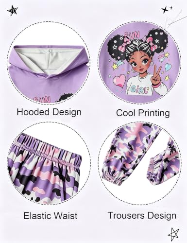 Image of Girls Fall Outfits Sweetie-girl Hoodie and Camo Pants Size 6-16 | Curved Hem Design,Skin-friendly Cotton Blend,for Daily School Playdates,Fall&Winter,Easy On & Off Pullover