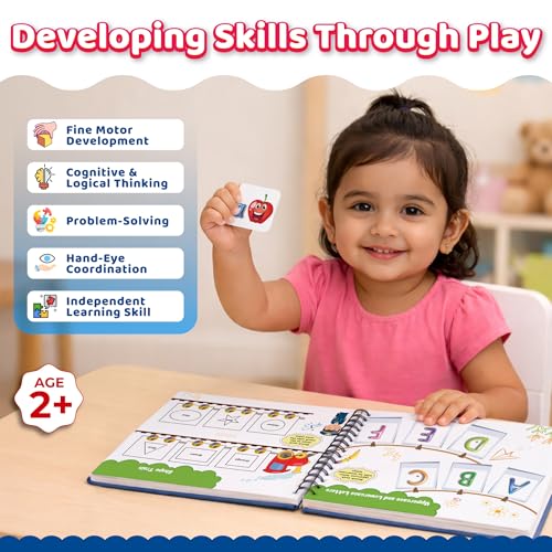 Image of Pick & Stick Velcro Learning Activity Book For Kids | Busy Book Level 2 For 3+ Years Old Toddlers | Montessori DIYs, Skill Builder, Numbers, Alphabets, Animals, 5 Senses, Travel Vehicles, Kids Gifts