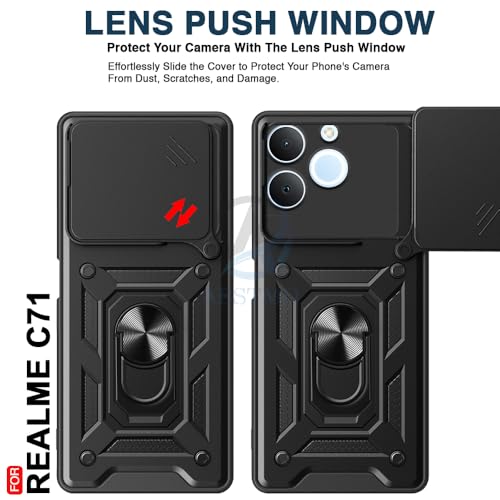 Image of AESTMO Tough Armor Realme C71 Bumper Back Case Cover | Ring Holder & Sliding Camera Shield Cover | 360 Degree Protection Back Case Cover for Realme C71 (Black)