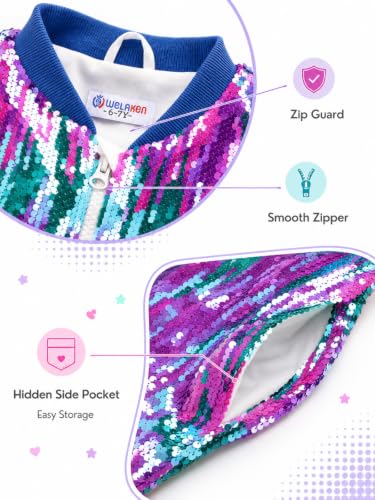 Image of WELAKEN Unicorn Sequin Jacket for Girls Kids Toddler Sparkle Zipper Bomber Jacket with Pockets