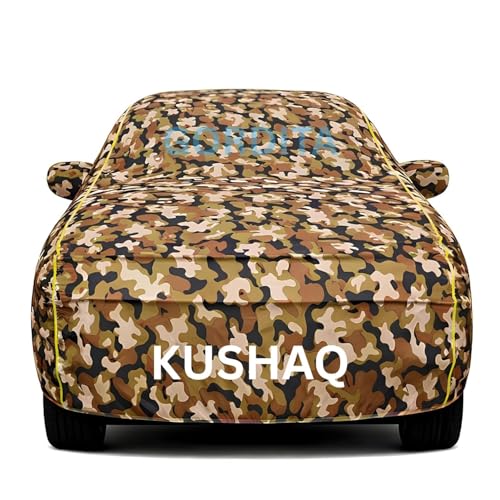 Image of Waterproof Car Body Cover for Kushaq All Weather Protection Comes with Inner Cotton Lining & Triple Stitched with Mirror & Antenna Pocket Belt & Elastic Fit Army with Yellow Piping2