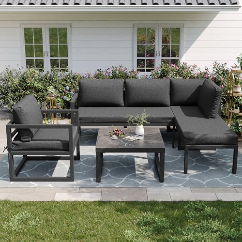 YESGIGA Juego de muebles de jardín de cuerda, color gris, sofá esquinero con estructura de hierro galvanizado, patas ajustables, incluye todos los cojines de asiento y respaldo