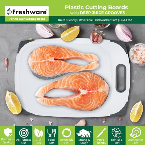 Image of Plastic Cutting Boards for Kitchen, Cutting Board Set of 3, Juice Grooves with Easy Grip Handle, BPA-Free, Non-Porous, Dishwasher Safe, White