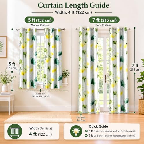 Image of HUTI 5 feet Green Window Curtain Set of 2 | Semi-Transparent Floral Printed Curtain | Soft Knitted Polyester | Eyelet Window Curtain for Living Room & Bedroom 4x5 Ft (120x152 cm) | Best for home decor