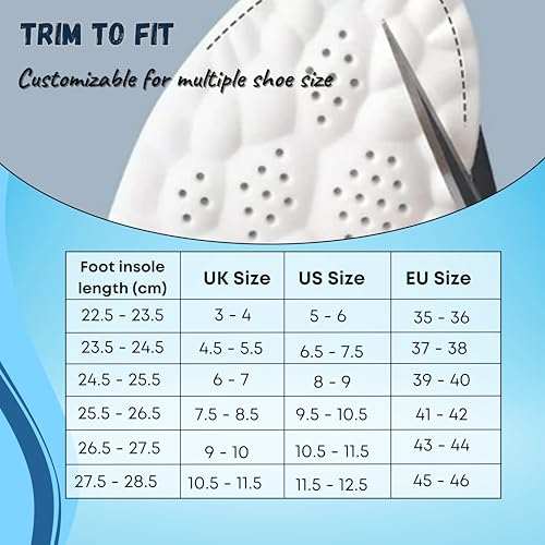 Image of Wonder Care Memory Foam Shoe Insoles For Women Shock Absorbing Sports Shoe Insoles For Men And Women Cuttable Soft Breathable Honeycomb Orthotic Replacement Inserts (Size 3-4 UK)