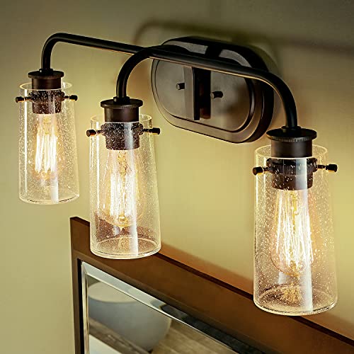 Image of KICHLER Braelyn 24 inch 3 Light Vanity Light with Clear Seeded Glass Olde Bronze