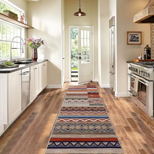 GarveeHome Vintage Patchwork Runner Rug 2x6 Washable Beige Runners for Hallway, Non Slip Geometric Carpet, Stain Resistant Tribal Soft Mat, Low Pile Foldable Floor Cover for Entryway Bathroom Bedroom