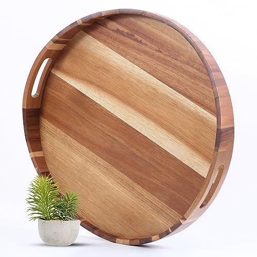 Big Round Wood Serving Tray, Large 20INCH, Smooth Wave Curves Wall Design Big Ottoman Trays, Giant Acacia Ottoman Sofa Coffee Table Tray Decorative Organizer, Huge Kitchen Counter Serveware