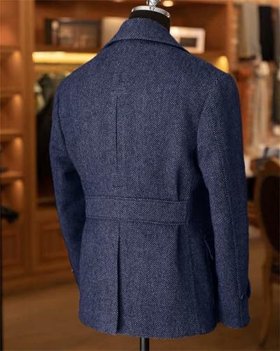 Men's Vintage Herringbone Tweed Blazer British Wool Blend Double Breasted Lightweight Casual Sport Coat Formal Jacket4