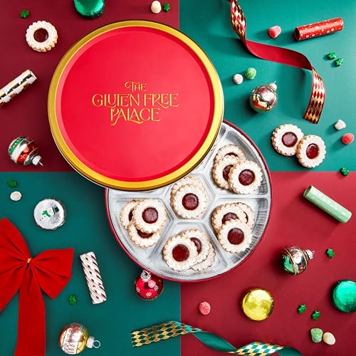 Image of Gluten Free Palace Cookie Gift Basket, Shortbread Linzer Tin (21 Cookies) | Gourmet gluten free shortbread Linzer tart cookies. Elegant red tin gift for Mom, wife, women & family.