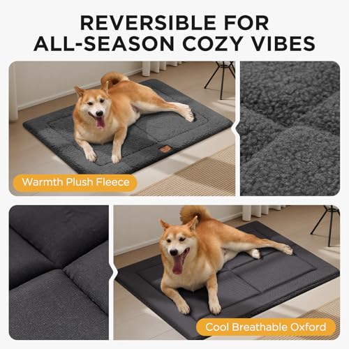 Joydeco Hundematte 89x58cm - Reversibles waschbares Hundebett mit weichem Fleece, Flache Unterlage für Hundebox & Käfig - Für große, mittelgroße & kleine Hunde- Dunkelgrau