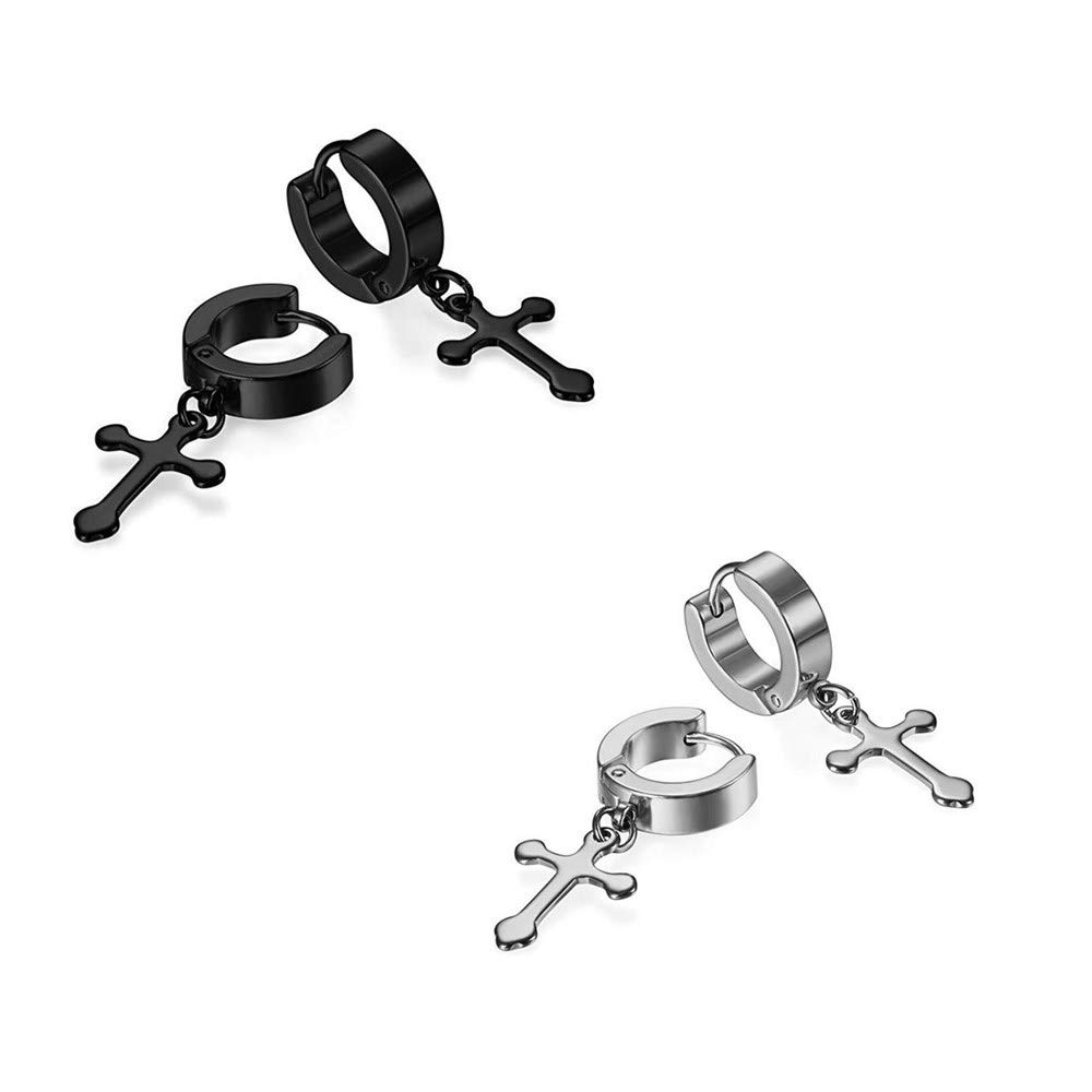 JewelryWe Pendientes de hombre, Pendientes de Cruz Semental Aro, Acero inoxidable, Color plata Negro Dorado, Regalos para Navidad
