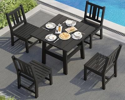 AMERLIFE 5 PCS Outdoor Dining Set with 4 Chairs, 36.8'' HDPE Outdoor Table and Chairs, Patio Dining Table Set with Umbrella Hole for Garden, Backyard and Poolside, Black