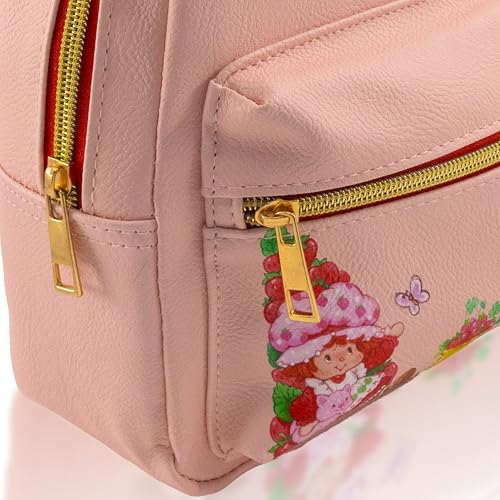 Image of Fast Forward Strawberry Shortcake Unisex 10 inch H x 8 inch W x 0.75 inch D Mini Daypack Backpack, Cute PU Leather Strawberry Shortcake Bookbag & Purse, Officially Licensed, Adjustable Straps